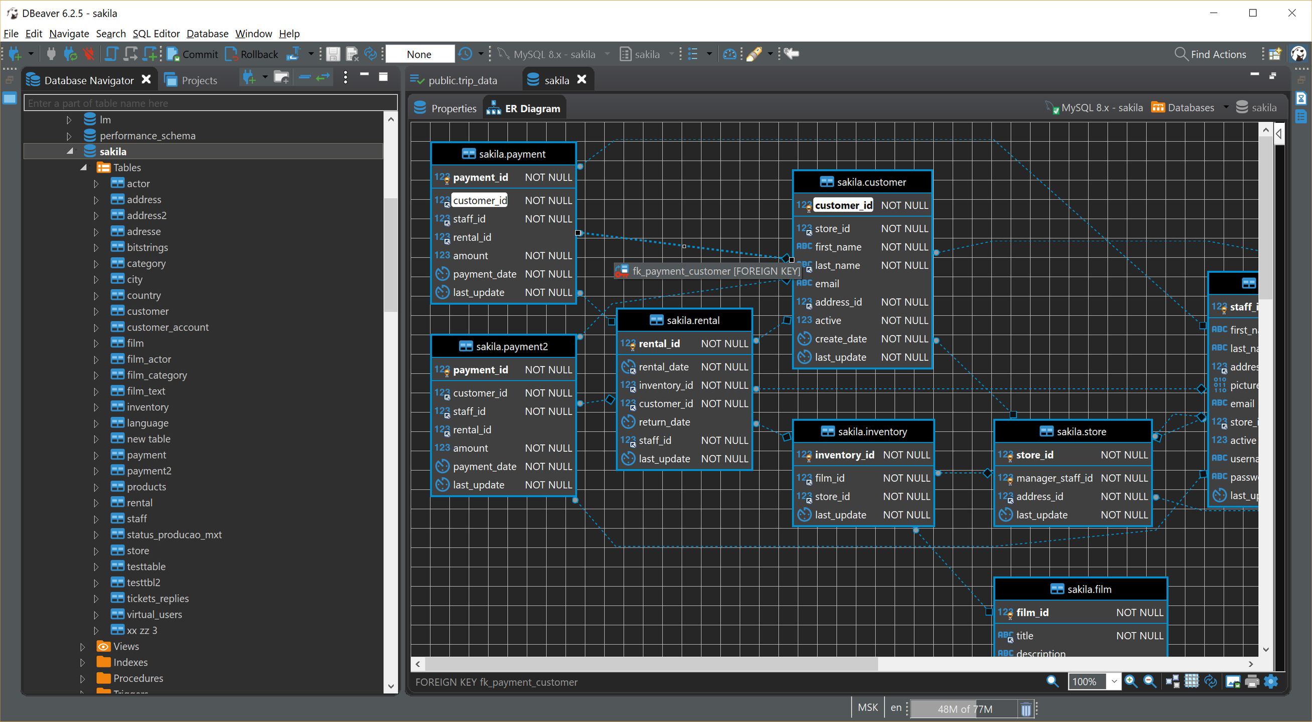 DBeaver dark theme Database Navigator and sakila ER diagram