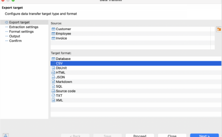DBeaver data export and transfer dialog with format and target options